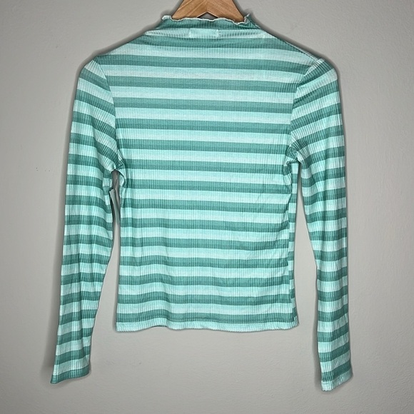 Cali Be Striped Ribbed Lettuce Mock Neck Long Sleeve Top Turquoise Size Medium - Picture 5 of 7